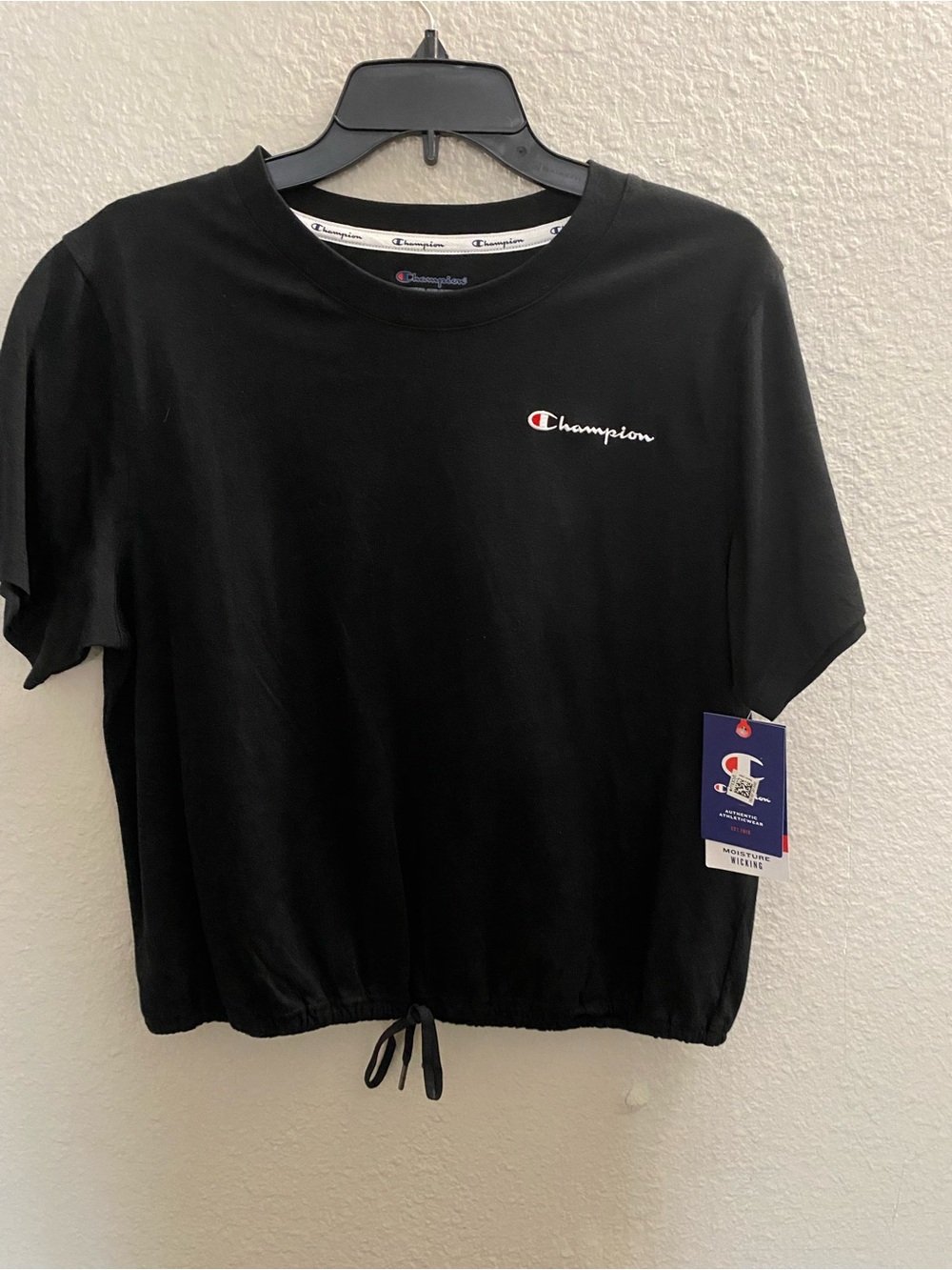 Champion Black Cropped Drawstring Logo Tee Women Large Activewear NWT